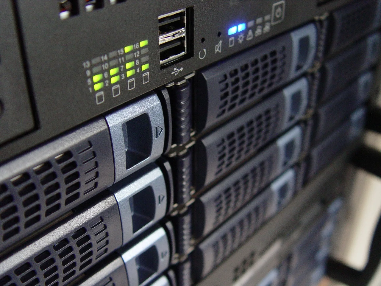 Close view of stacked server units in a rack